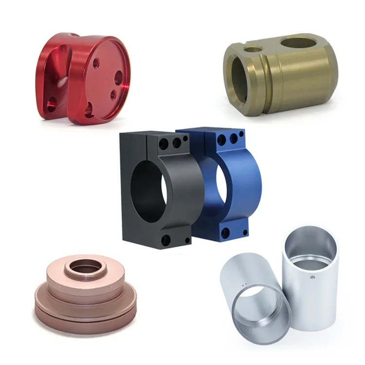 Machined parts in red, brass, blue and black with silver sleeves and a rose-gold disc