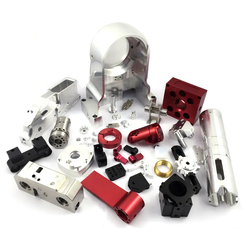 Assortment of machined parts in silver, black and red finishes