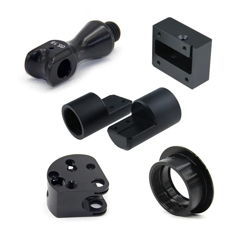 Black anodised machined brackets, blocks and a ring