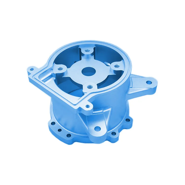 Blue cast and machined housing with mounting holes