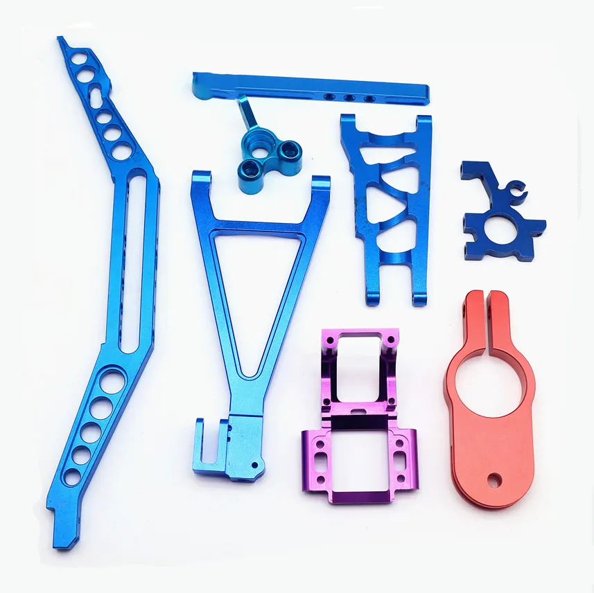 Blue, purple and red anodised plates and brackets