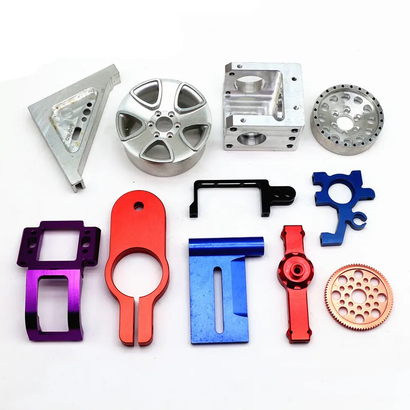 Machined plates, brackets and wheels in silver, red, blue and purple