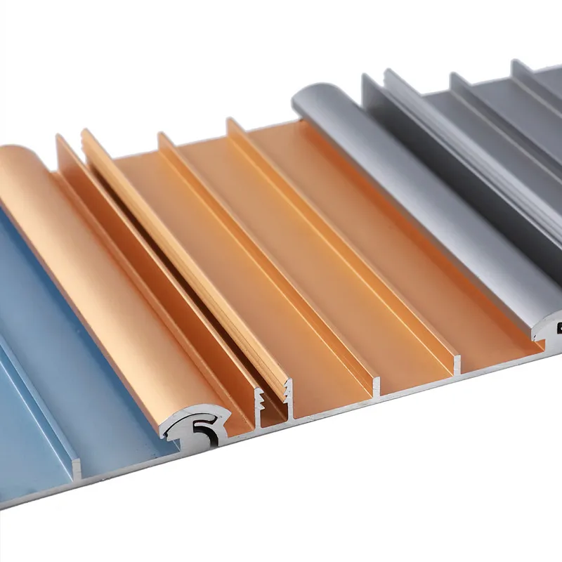 Flat channel extrusions finished in blue, copper and silver anodising