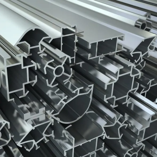 Stack of silver aluminium extrusion profiles with different cross-sections