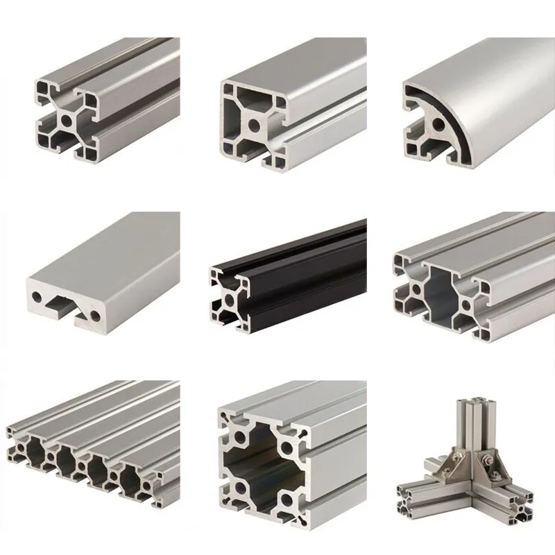 Grid of T-slot aluminium profiles in silver and black with a corner connector