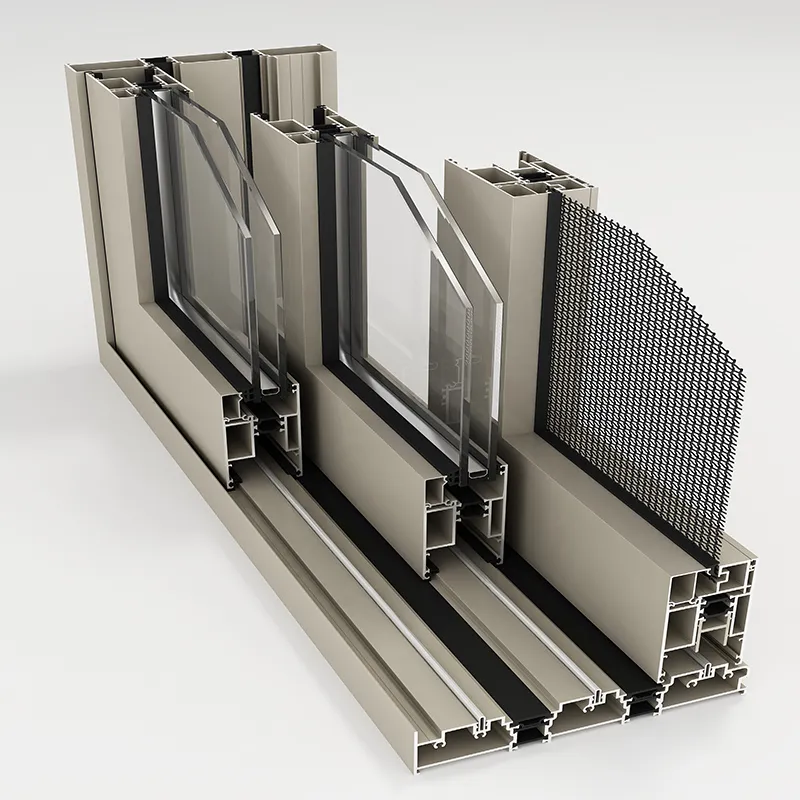 Cut-away of a triple-track aluminium sliding window frame with double glazing and an insect screen