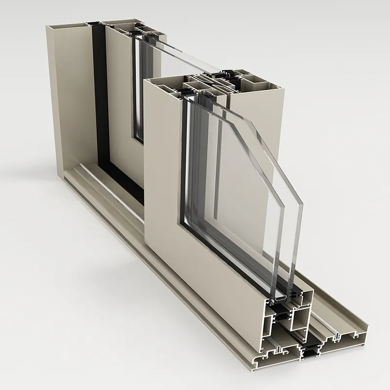Cut-away of a champagne-coloured aluminium sliding window frame with double glazing