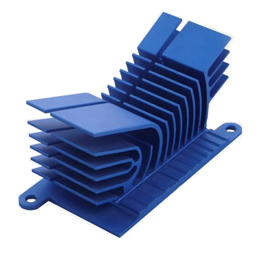 Blue anodised heatsink with folded fins and mounting ears