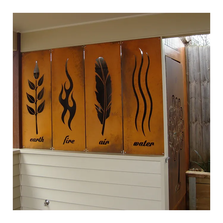Four rust-coloured cut-out screens depicting earth, fire, air and water