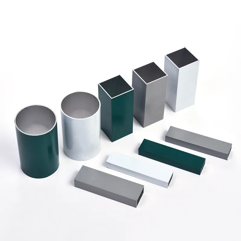 Round and square aluminium tubes in silver, grey and dark green finishes